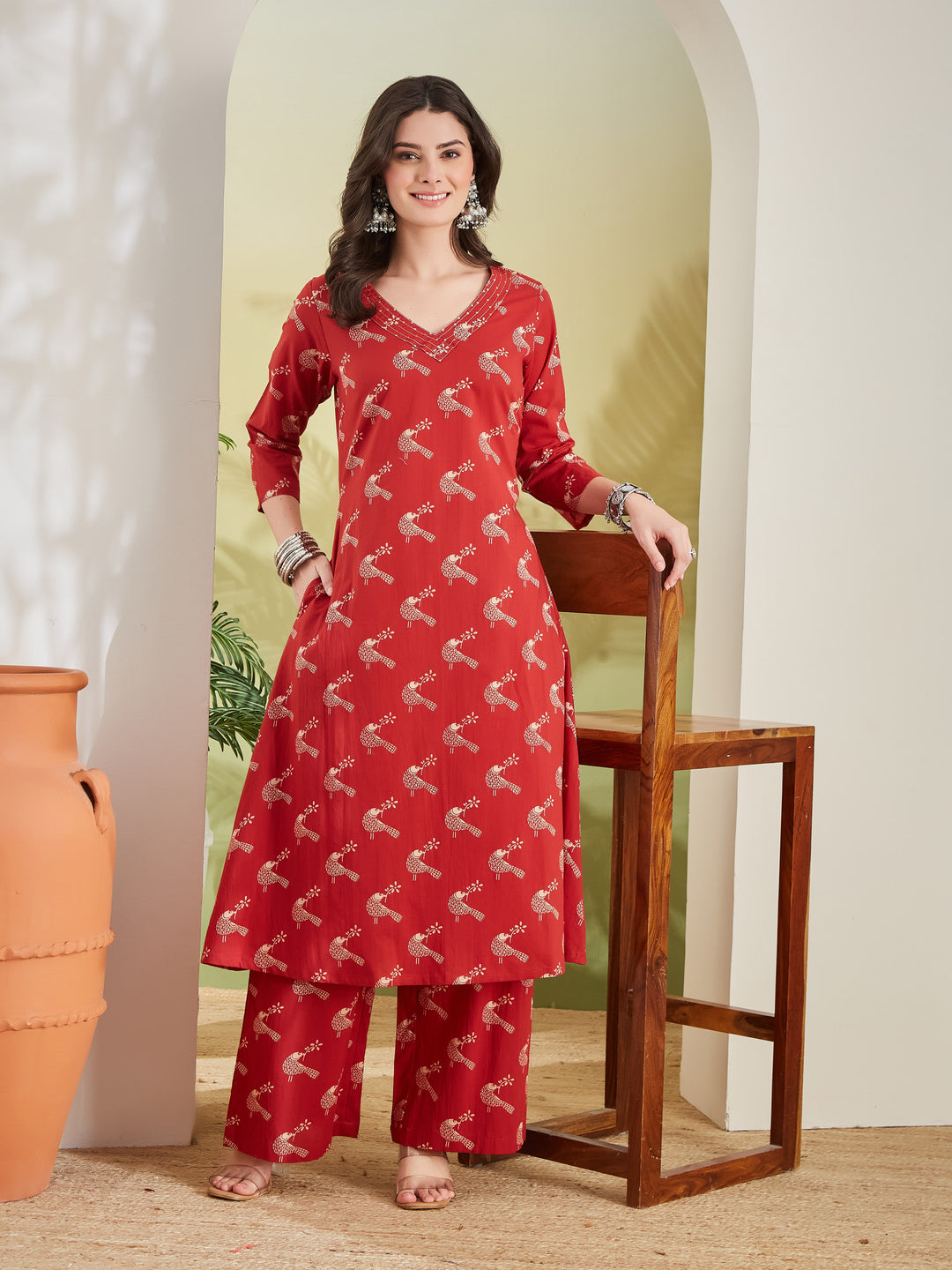 Divena Pure Cotton Quirky Print A-Line Red Kurta with Pants