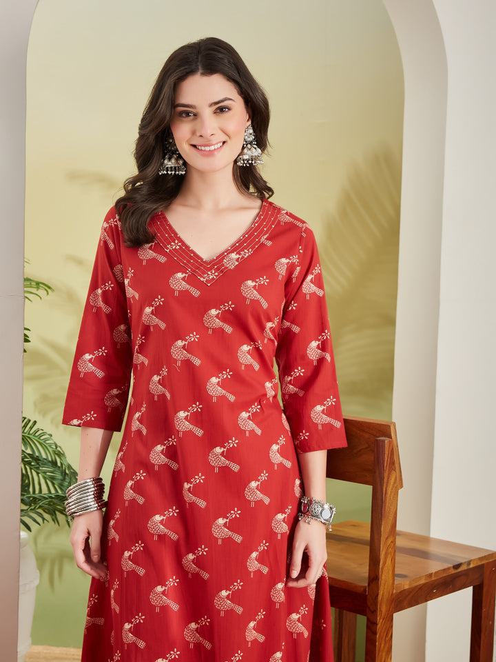 Divena Pure Cotton Quirky Print A-Line Red Kurta with Pants