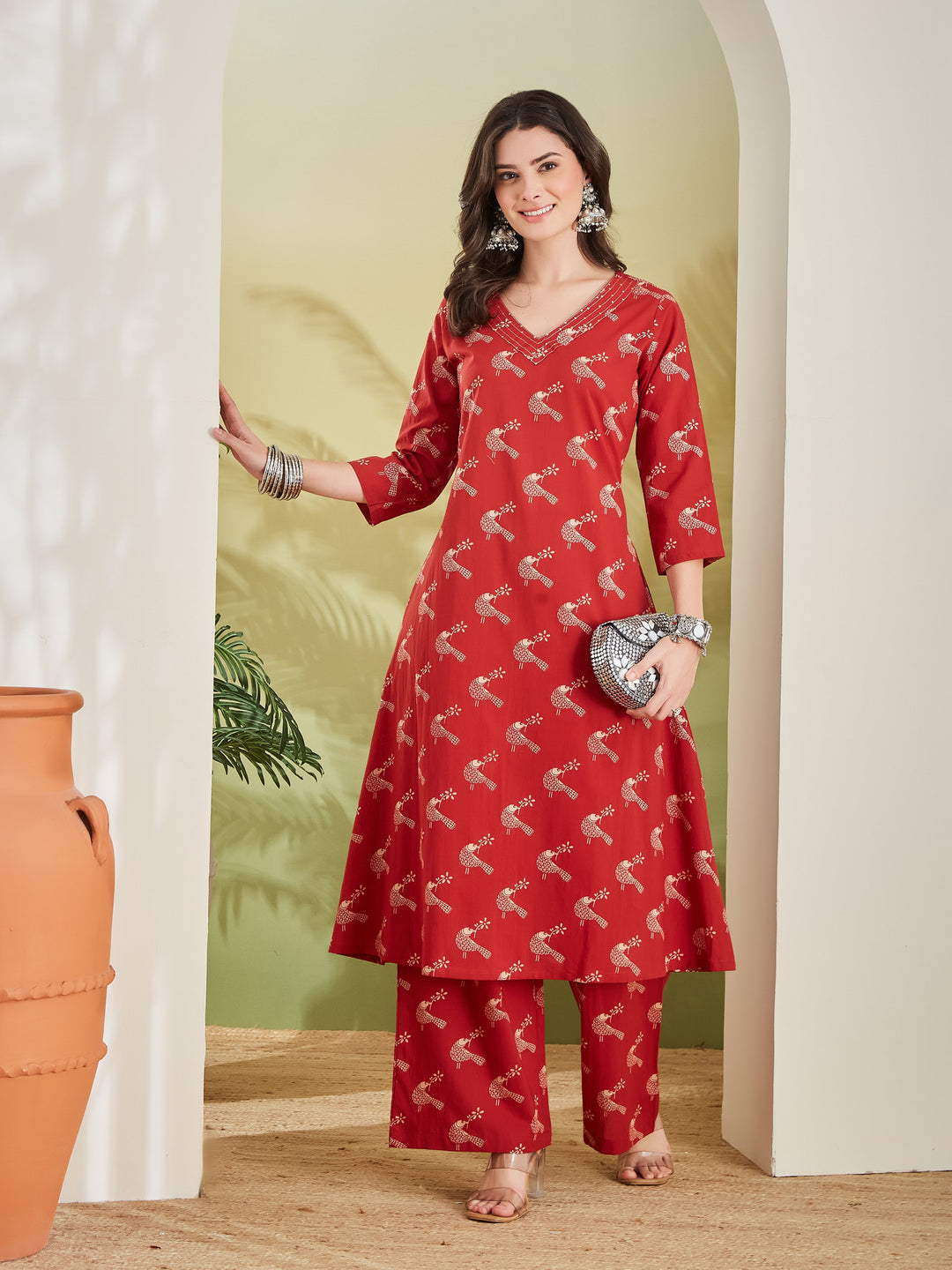 Divena Pure Cotton Quirky Print A-Line Red Kurta with Pants
