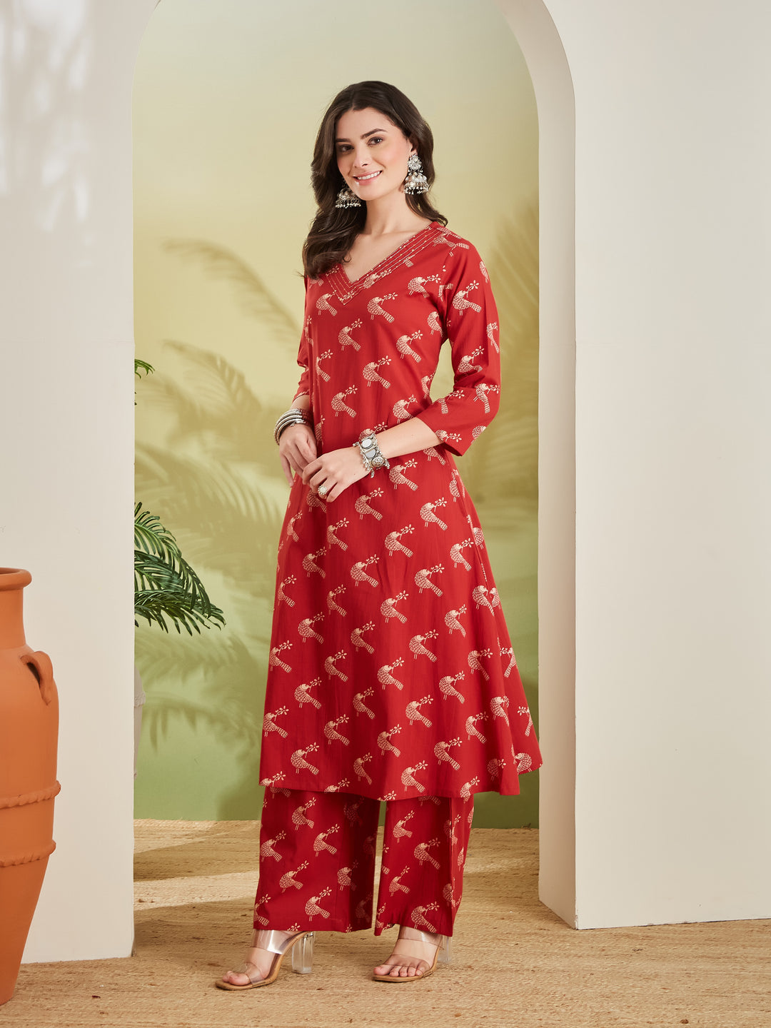 Divena Pure Cotton Quirky Print A-Line Red Kurta with Pants