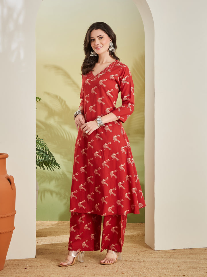Divena Pure Cotton Quirky Print A-Line Red Kurta with Pants