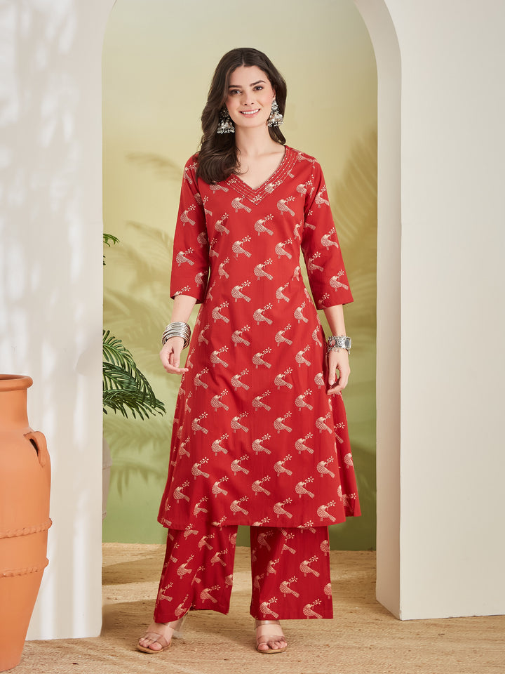 Divena Pure Cotton Quirky Print A-Line Red Kurta with Pants