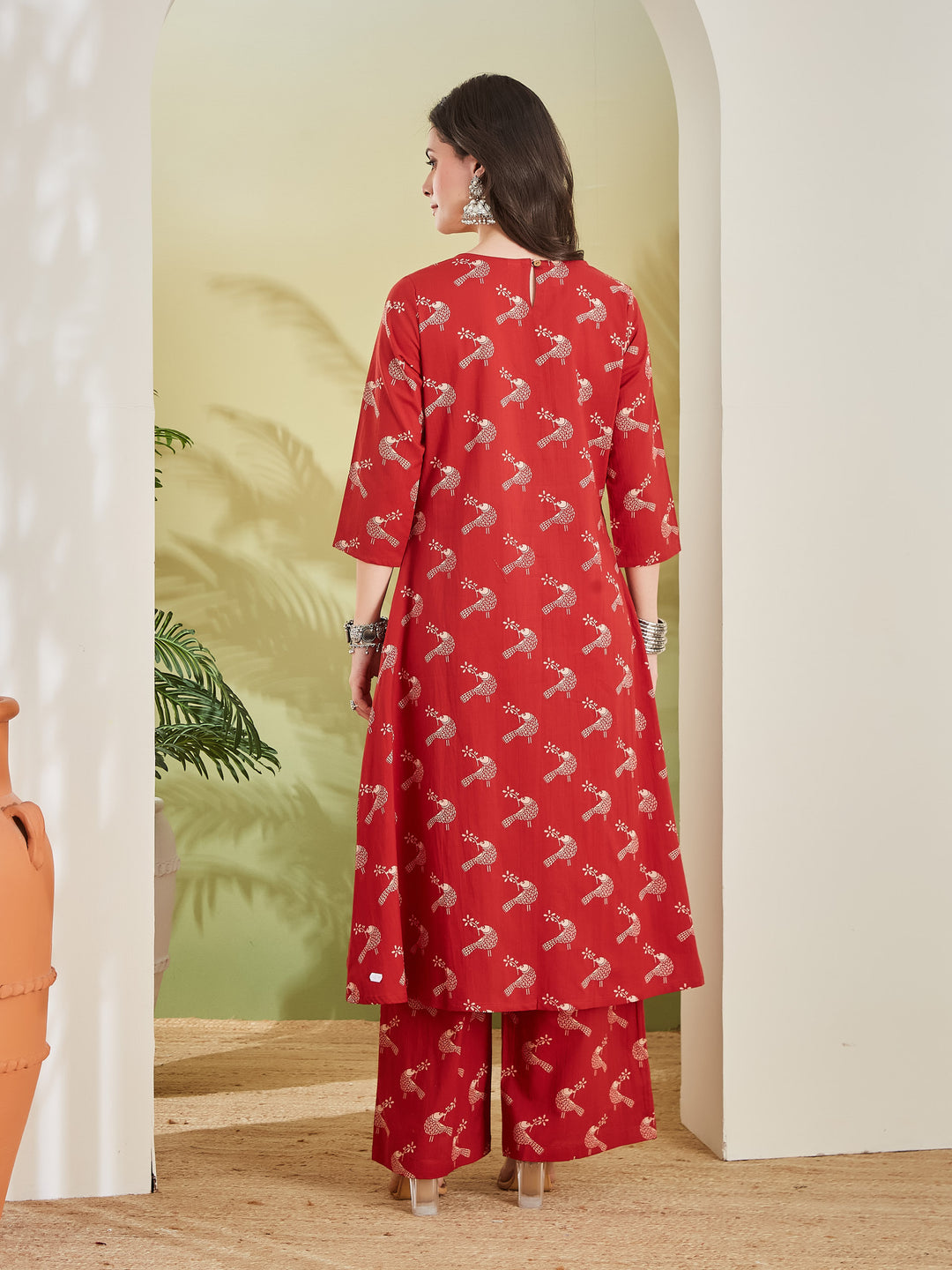 Divena Pure Cotton Quirky Print A-Line Red Kurta with Pants