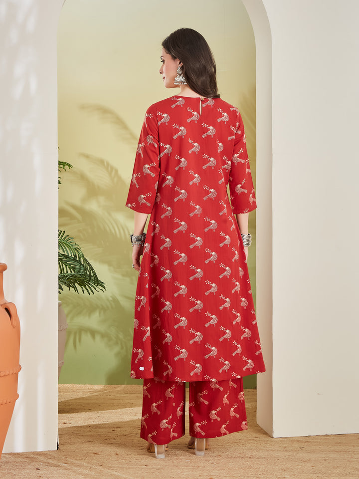 Divena Pure Cotton Quirky Print A-Line Red Kurta with Pants