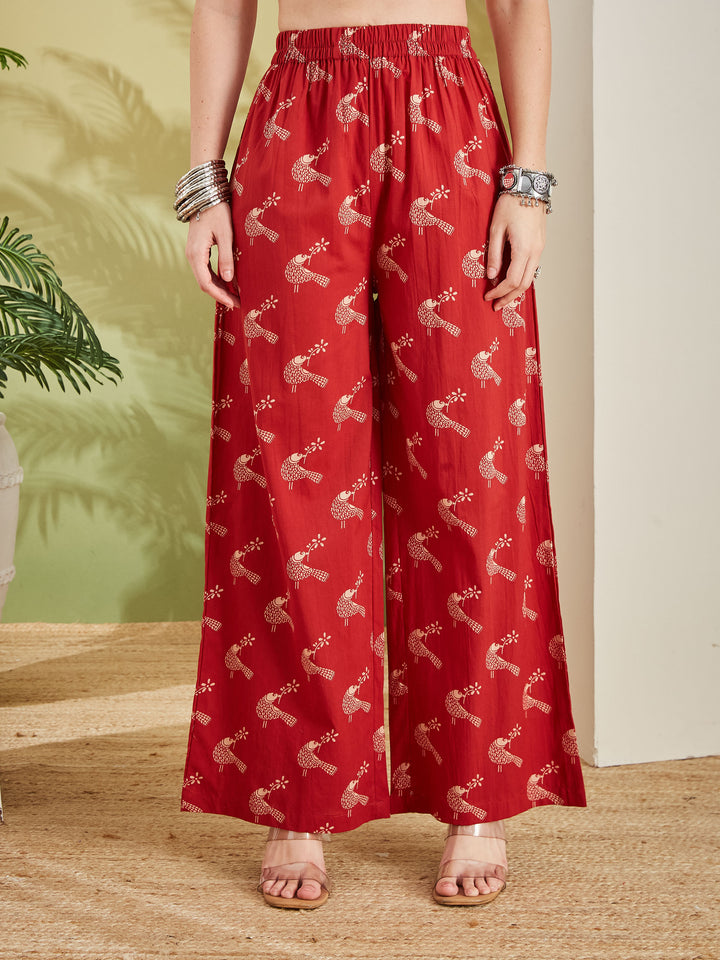 Divena Pure Cotton Quirky Print A-Line Red Kurta with Pants