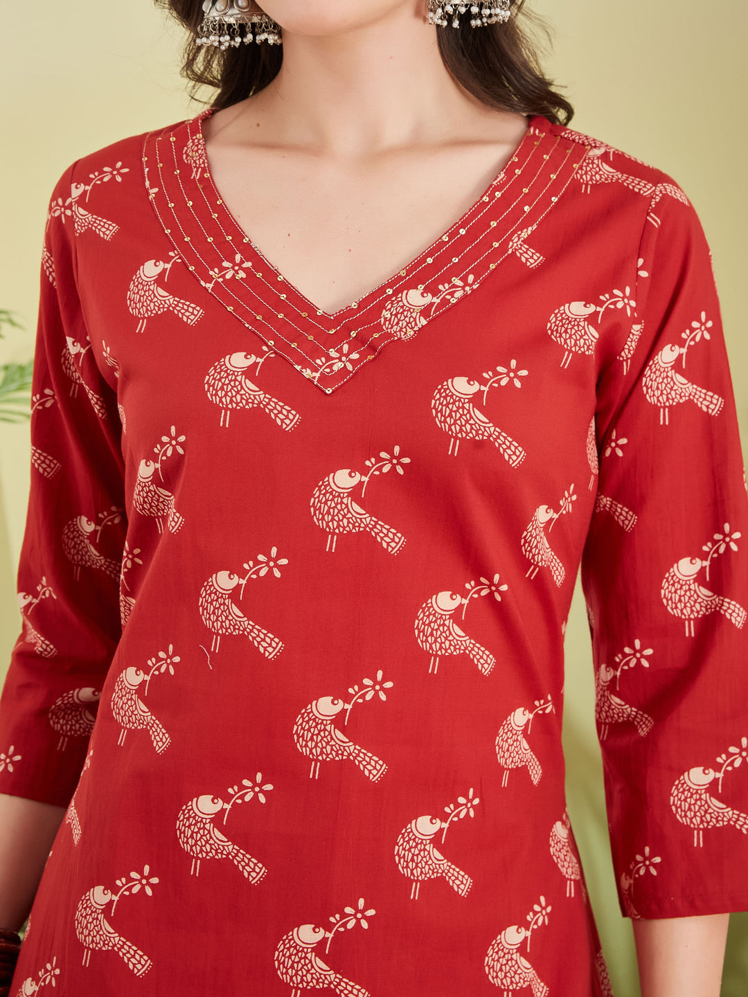 Divena Pure Cotton Quirky Print A-Line Red Kurta with Pants