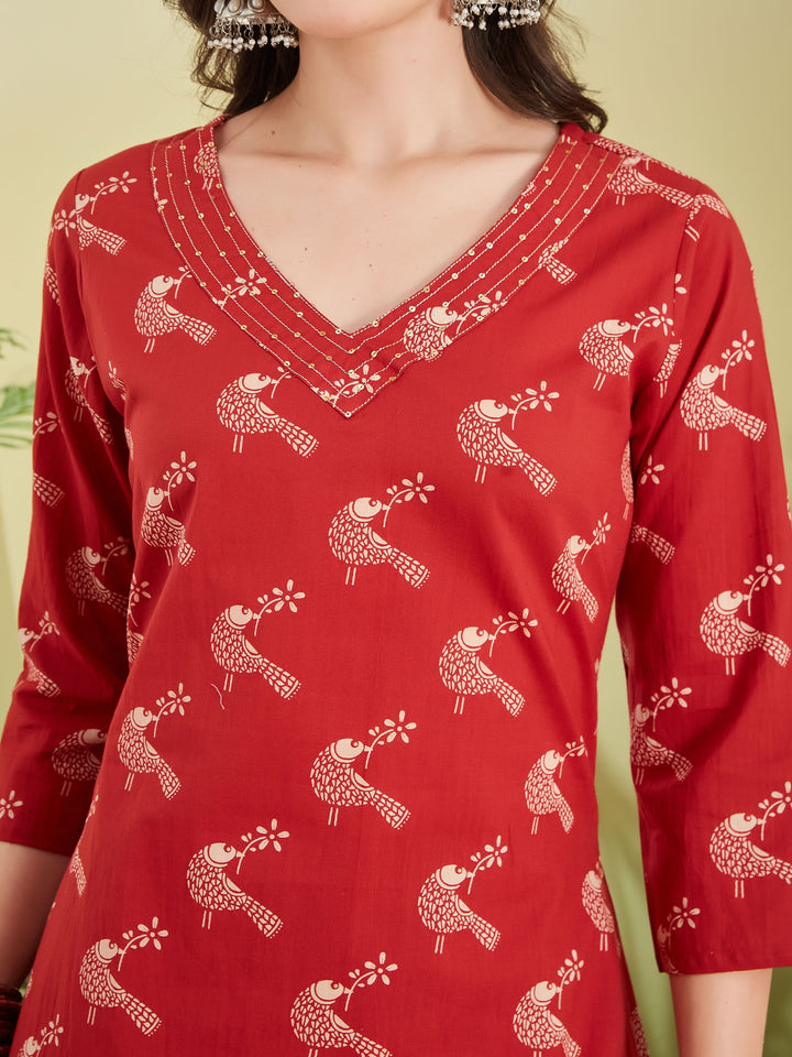 Divena Pure Cotton Quirky Print A-Line Red Kurta with Pants