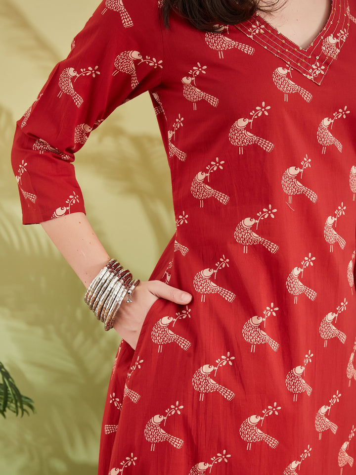 Divena Pure Cotton Quirky Print A-Line Red Kurta with Pants