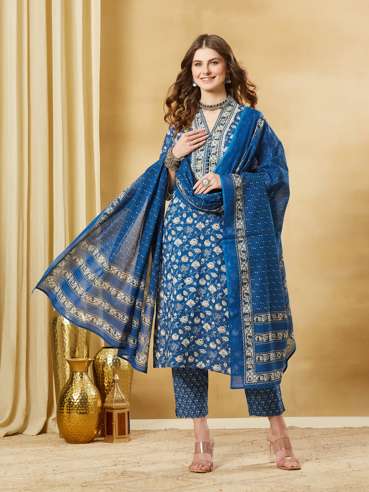Divena Blue A-Line Cotton Kurta Pant Set With Dupatta