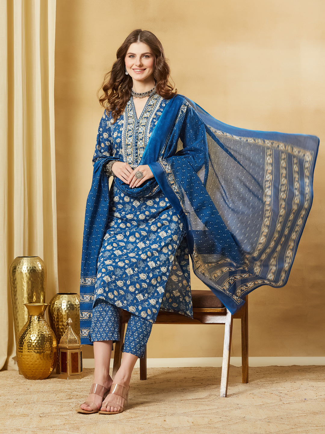 Divena Blue A-Line Cotton Kurta Pant Set With Dupatta