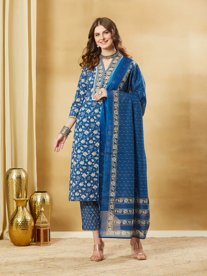 Divena Blue A-Line Cotton Kurta Pant Set With Dupatta