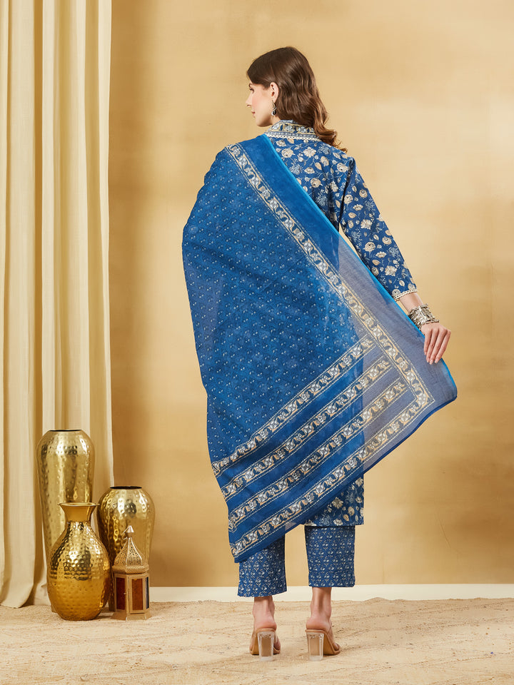 Divena Blue A-Line Cotton Kurta Pant Set With Dupatta