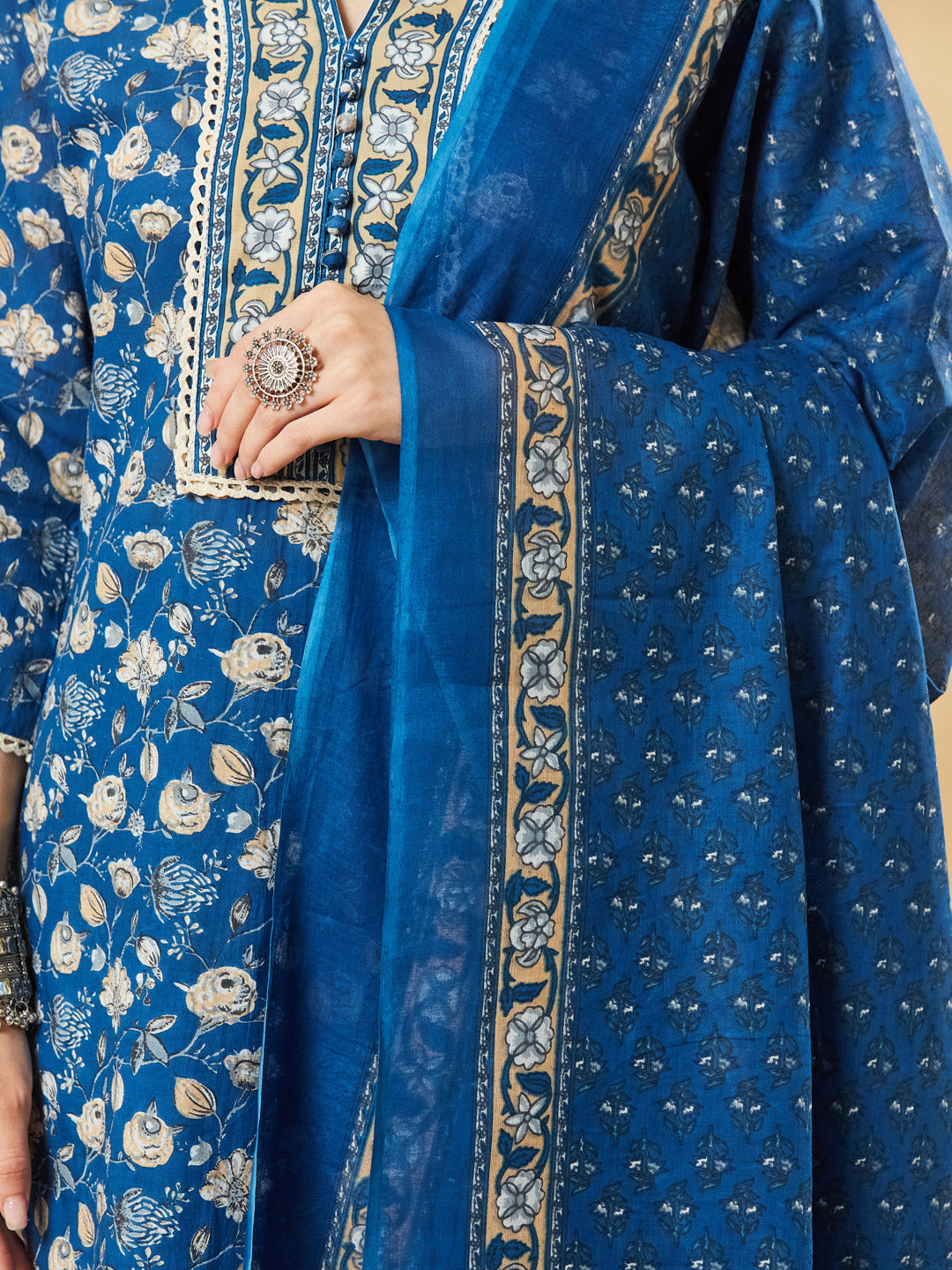 Divena Blue A-Line Cotton Kurta Pant Set With Dupatta