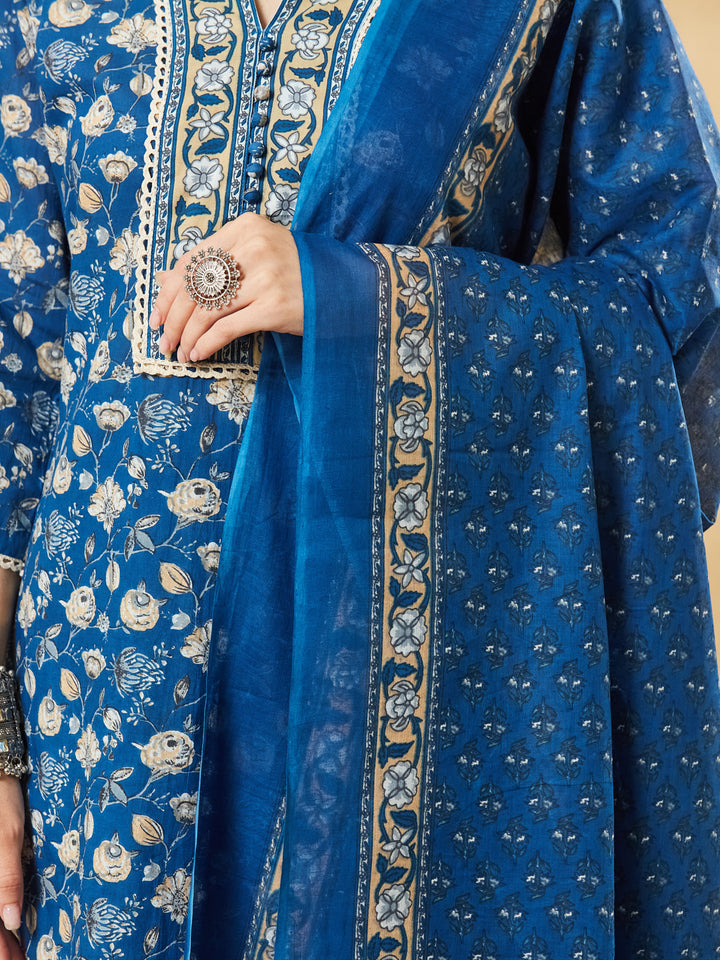 Divena Blue A-Line Cotton Kurta Pant Set With Dupatta