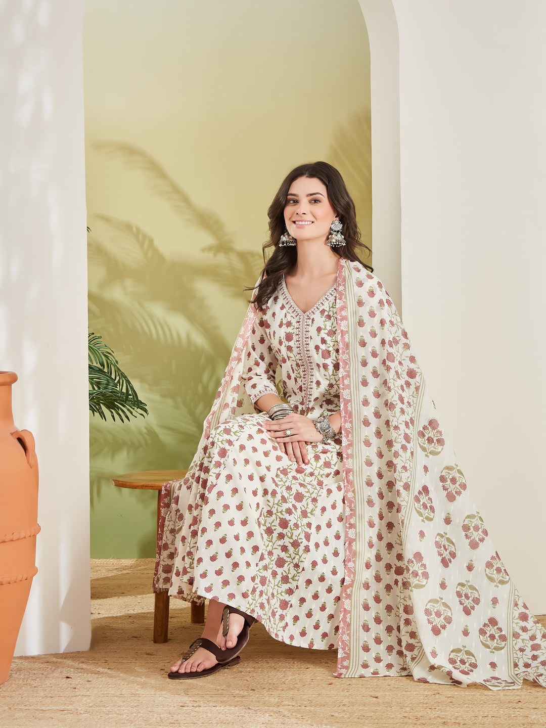 Divena Women Floral Printed Pure Cotton Cream Anarkali Kurta With Trousers & Dupatta