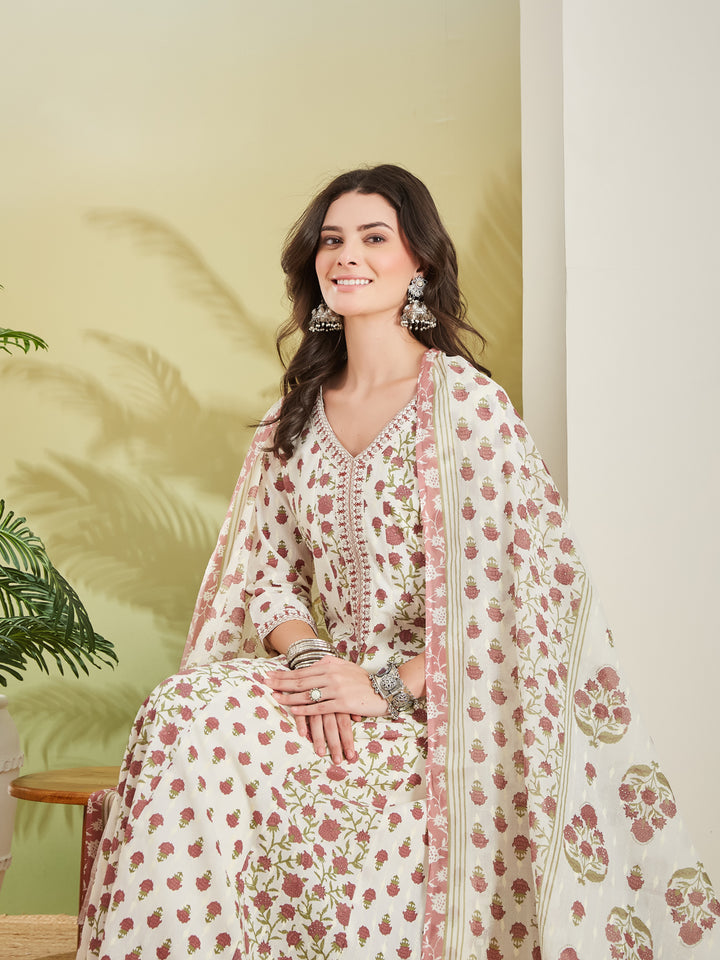Divena Women Floral Printed Pure Cotton Cream Anarkali Kurta With Trousers & Dupatta