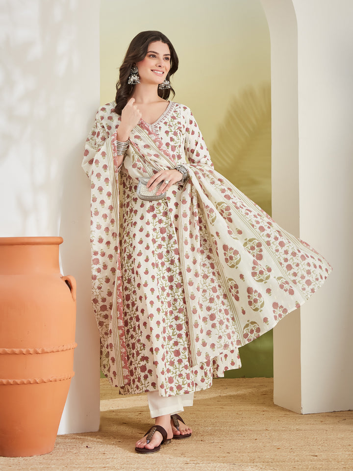 Divena Women Floral Printed Pure Cotton Cream Anarkali Kurta With Trousers & Dupatta