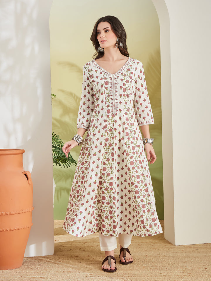 Divena Women Floral Printed Pure Cotton Cream Anarkali Kurta With Trousers & Dupatta
