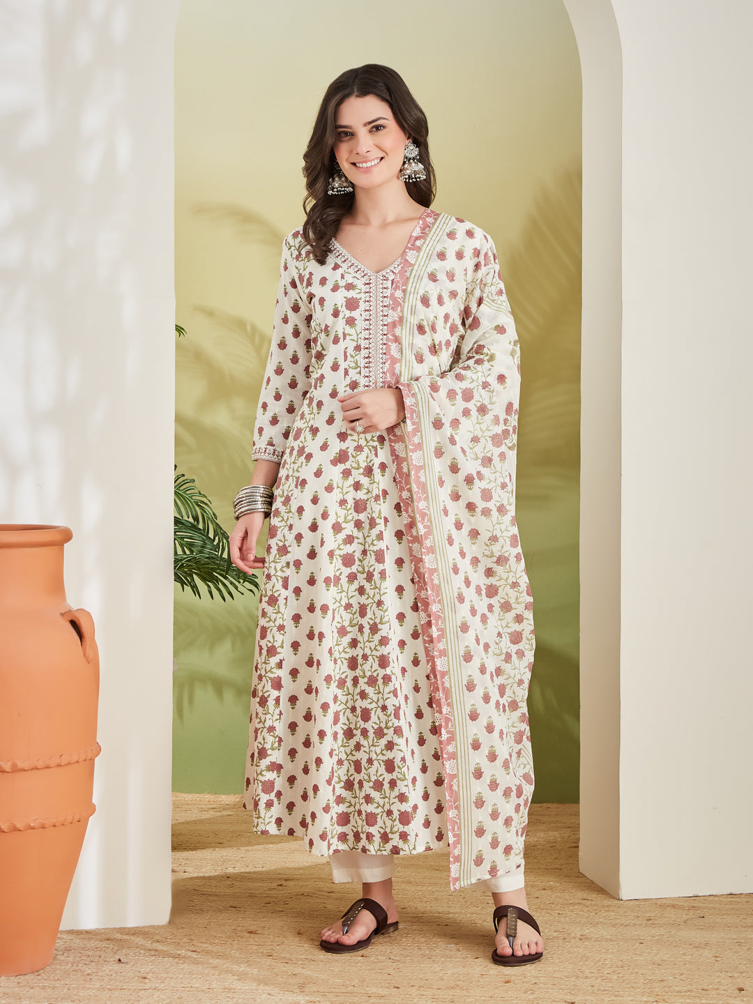 Divena Women Floral Printed Pure Cotton Cream Anarkali Kurta With Trousers & Dupatta