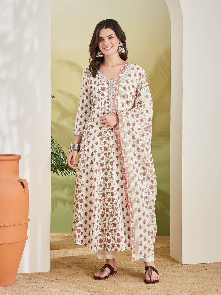 Divena Women Floral Printed Pure Cotton Cream Anarkali Kurta With Trousers & Dupatta