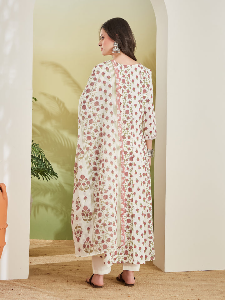 Divena Women Floral Printed Pure Cotton Cream Anarkali Kurta With Trousers & Dupatta