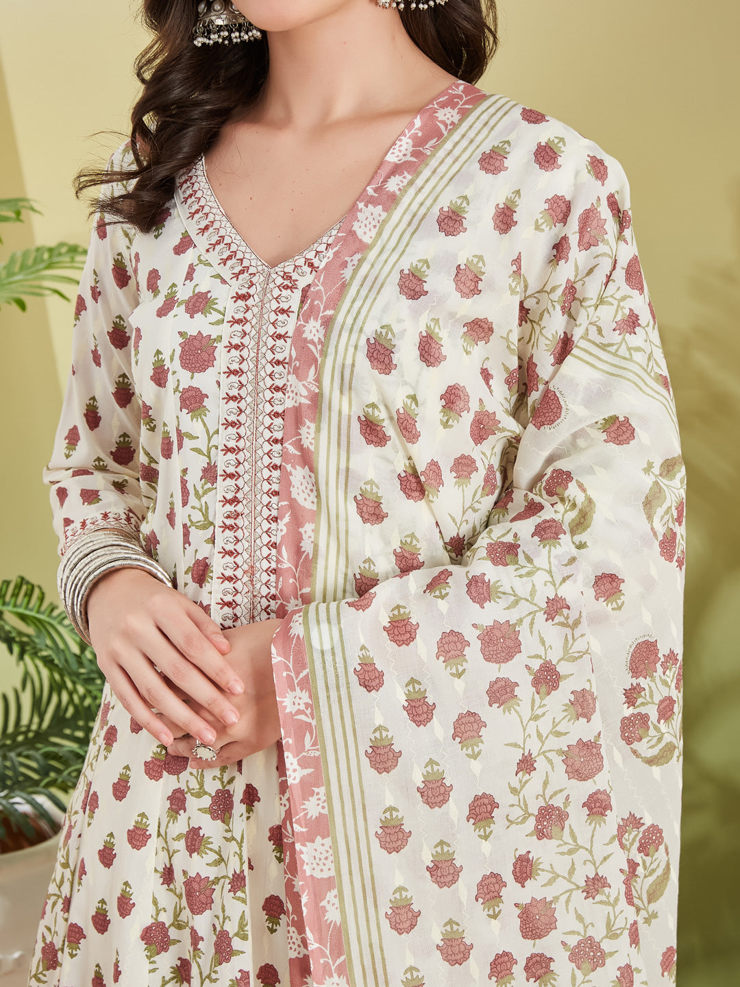 Divena Women Floral Printed Pure Cotton Cream Anarkali Kurta With Trousers & Dupatta