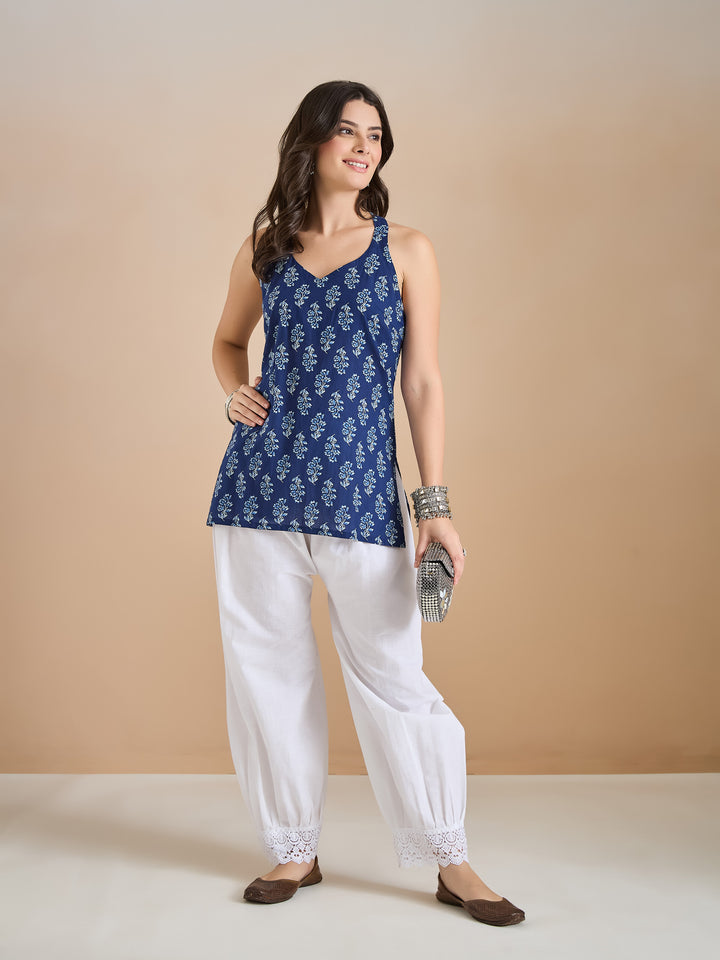 Divena Floral Print Pure Cotton Blue Top