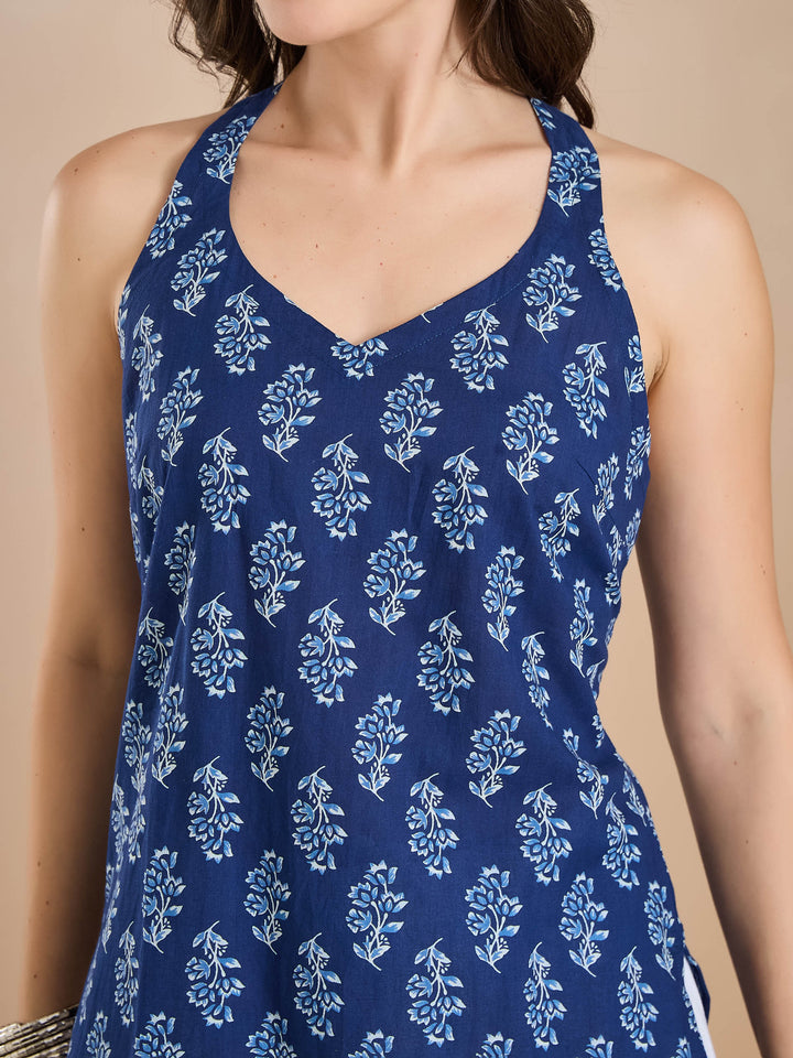 Divena Floral Print Pure Cotton Blue Top