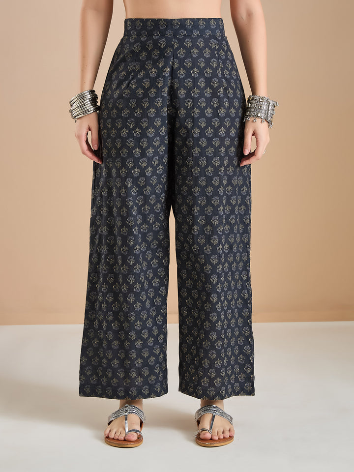 Divena Women Floral Printed Pure Cotton A-line Black Kurta With Palazzos