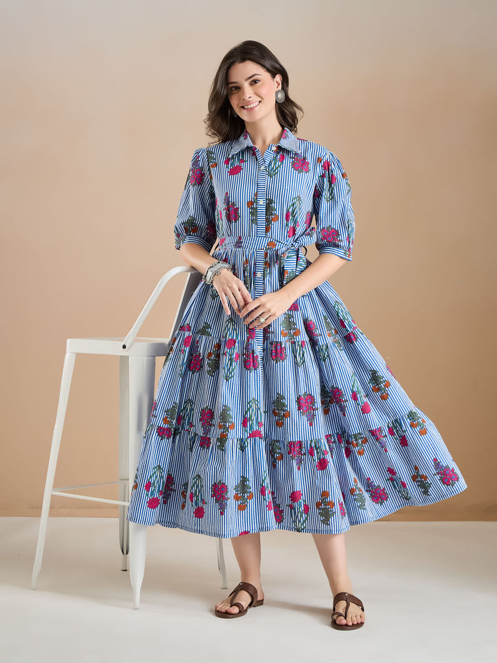 Divena Floral Print Pure Cotton Blue Dress