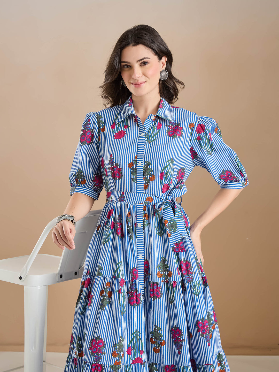 Divena Floral Print Pure Cotton Blue Dress