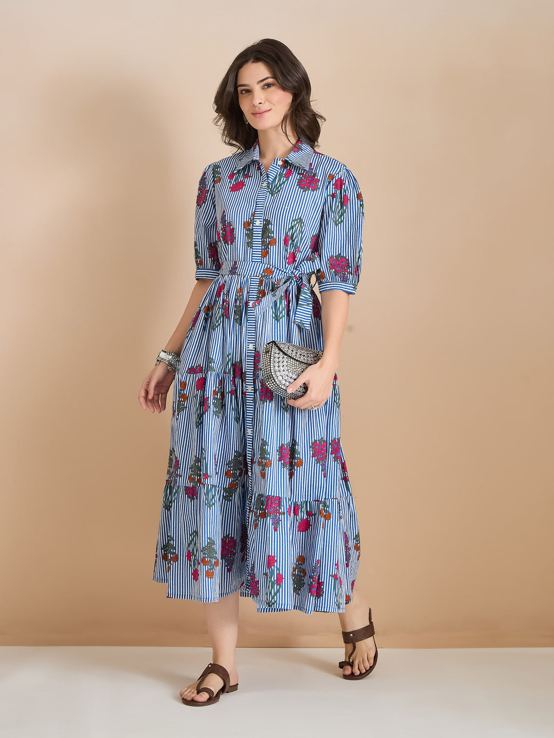 Divena Floral Print Pure Cotton Blue Dress