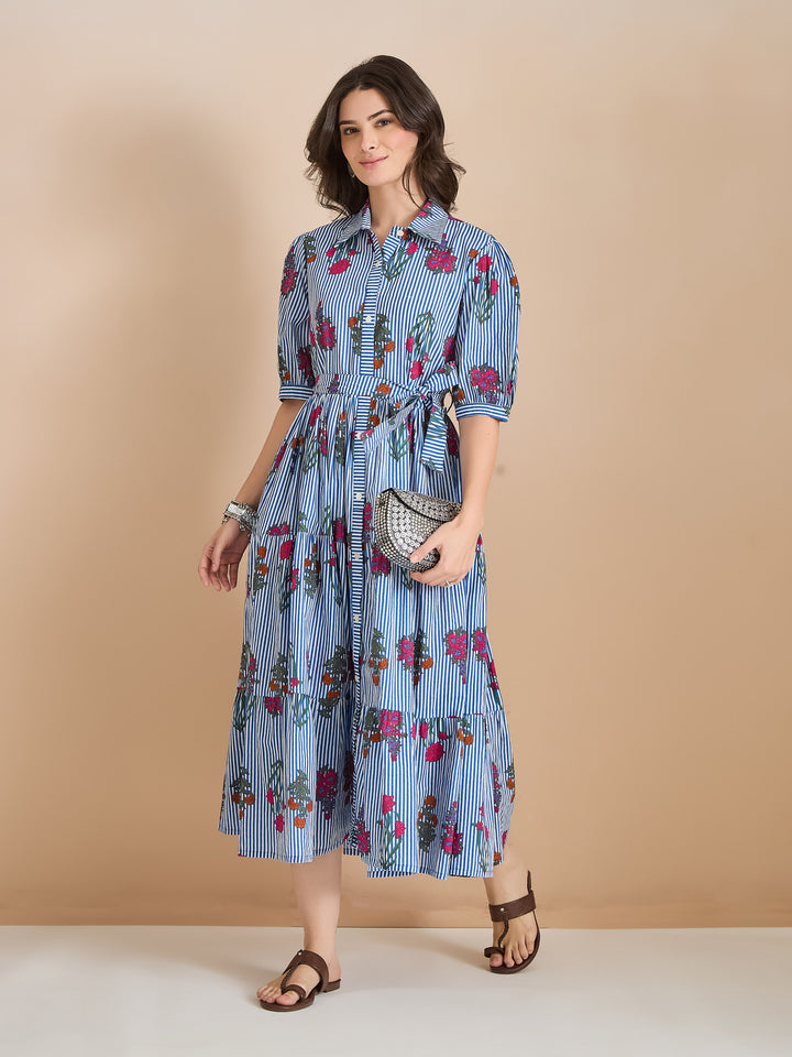 Divena Floral Print Pure Cotton Blue Dress