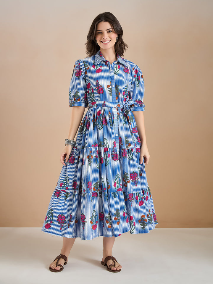 Divena Floral Print Pure Cotton Blue Dress