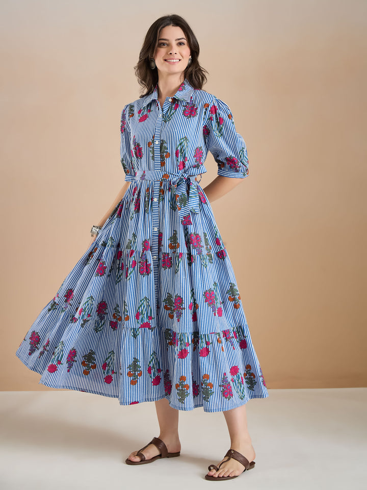 Divena Floral Print Pure Cotton Blue Dress