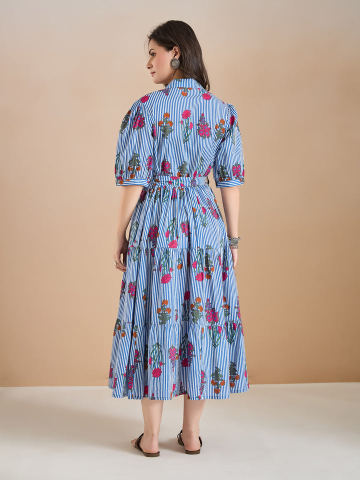 Divena Floral Print Pure Cotton Blue Dress
