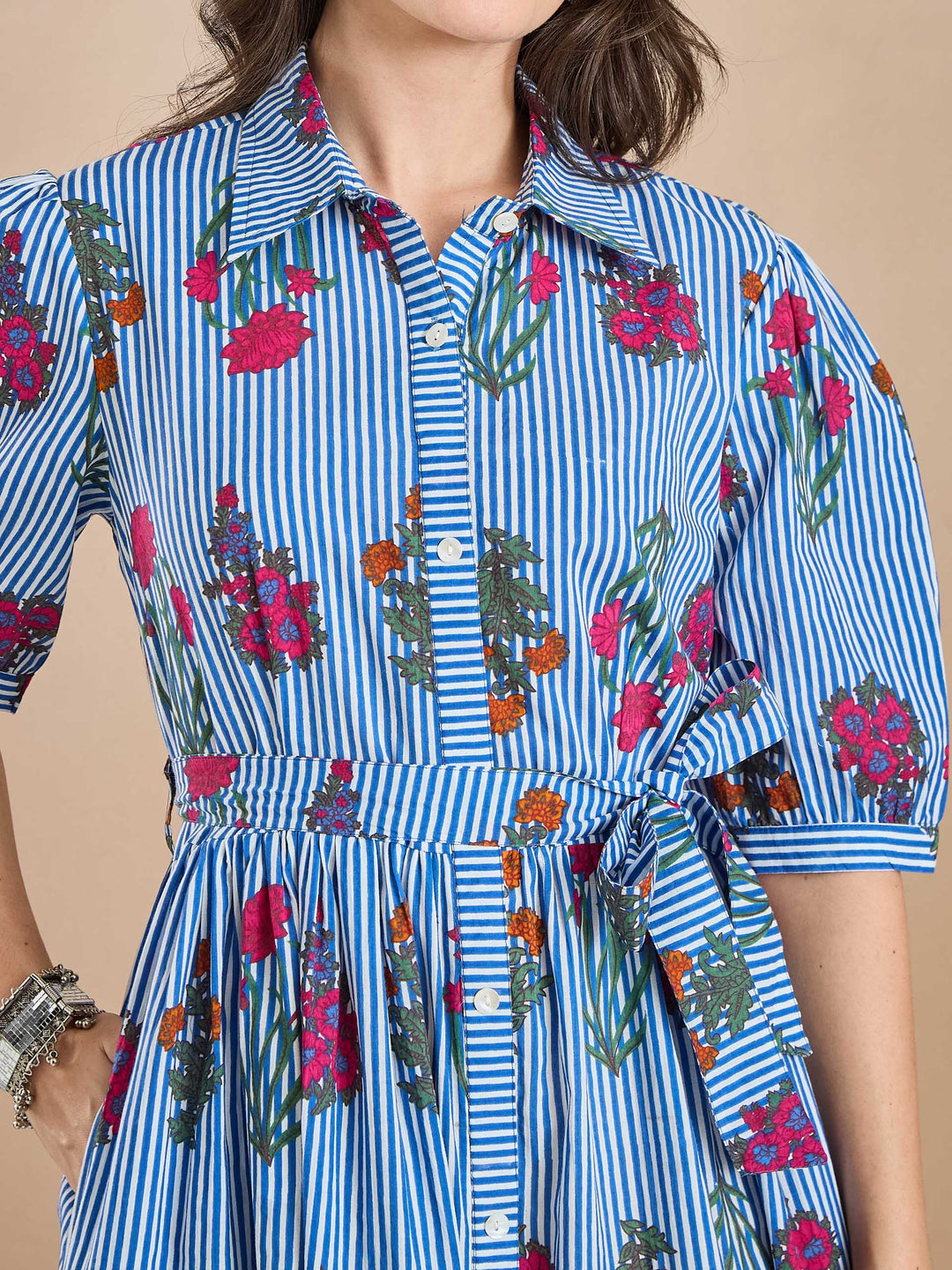 Divena Floral Print Pure Cotton Blue Dress
