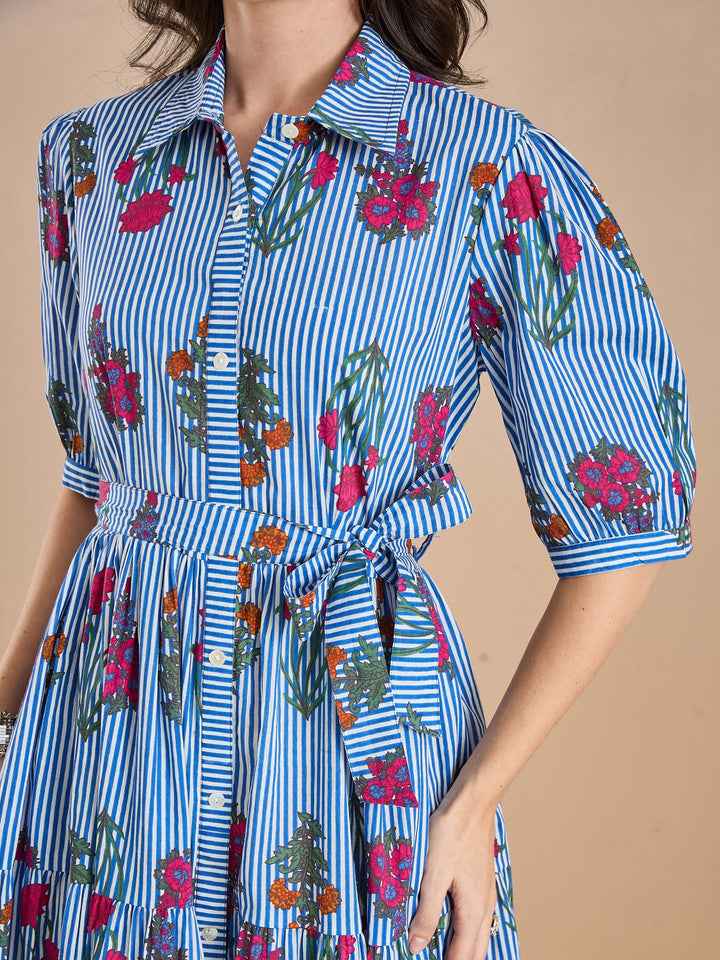 Divena Floral Print Pure Cotton Blue Dress