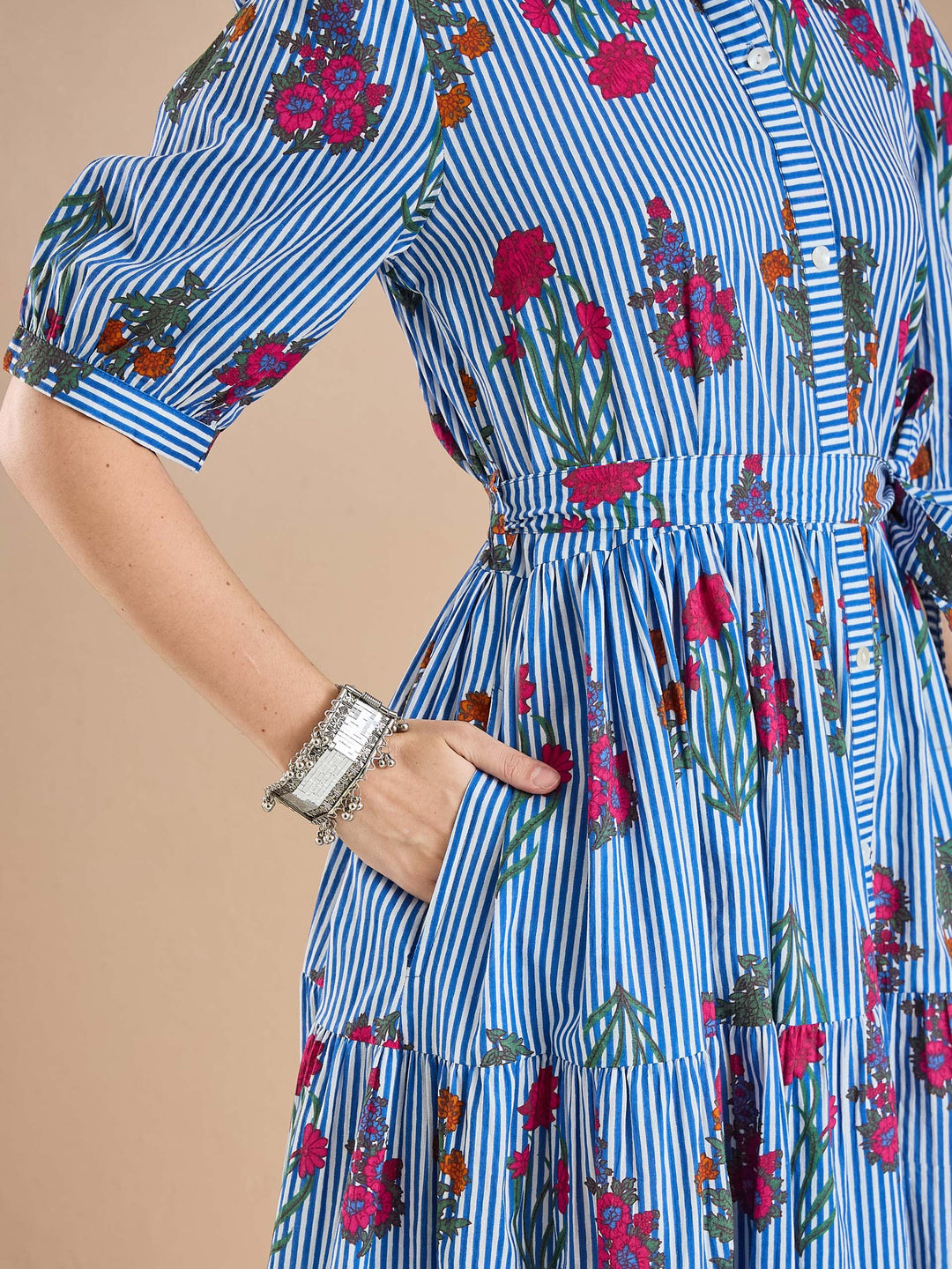 Divena Floral Print Pure Cotton Blue Dress