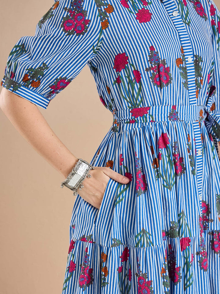 Divena Floral Print Pure Cotton Blue Dress