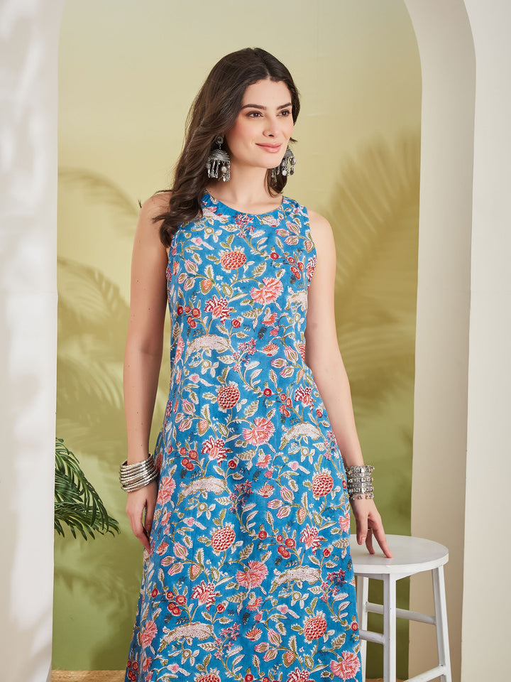 Divena Women Floral Printed Pure Cotton Sky Blue A-Line Kurta with Palazzos