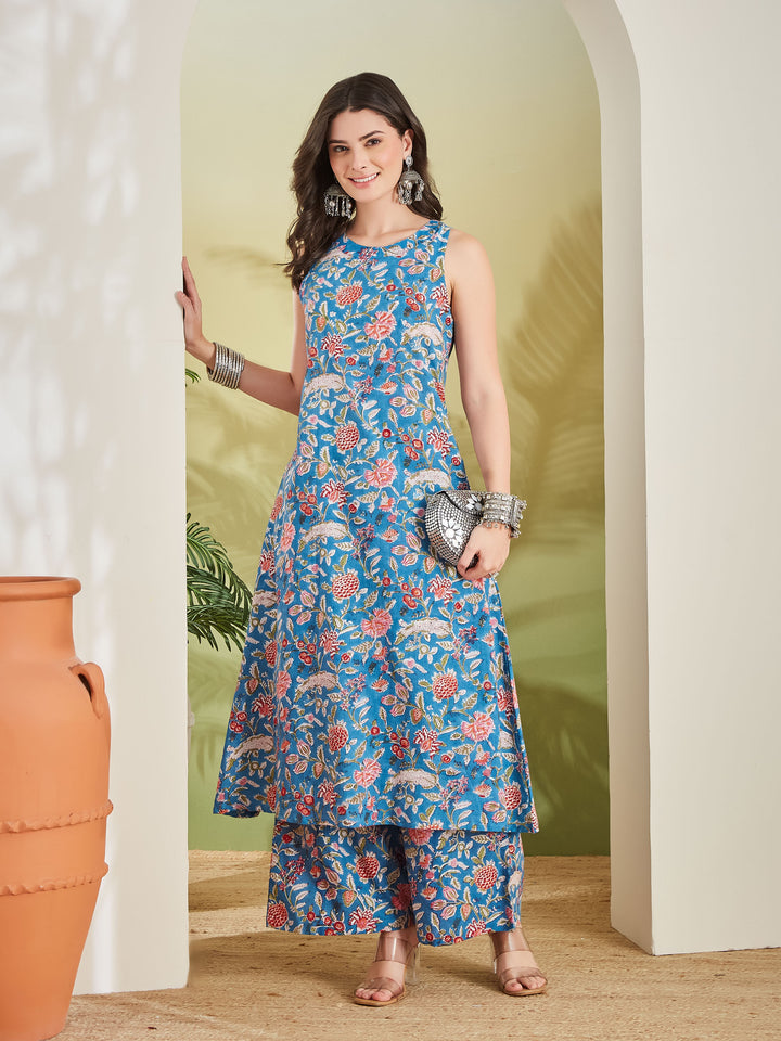 Divena Women Floral Printed Pure Cotton Sky Blue A-Line Kurta with Palazzos
