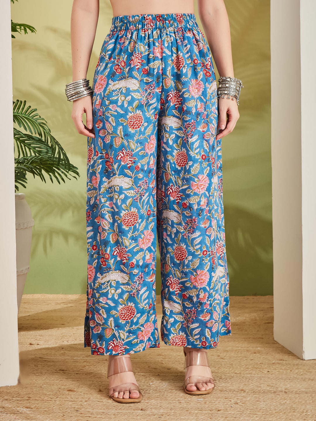 Divena Women Floral Printed Pure Cotton Sky Blue A-Line Kurta with Palazzos