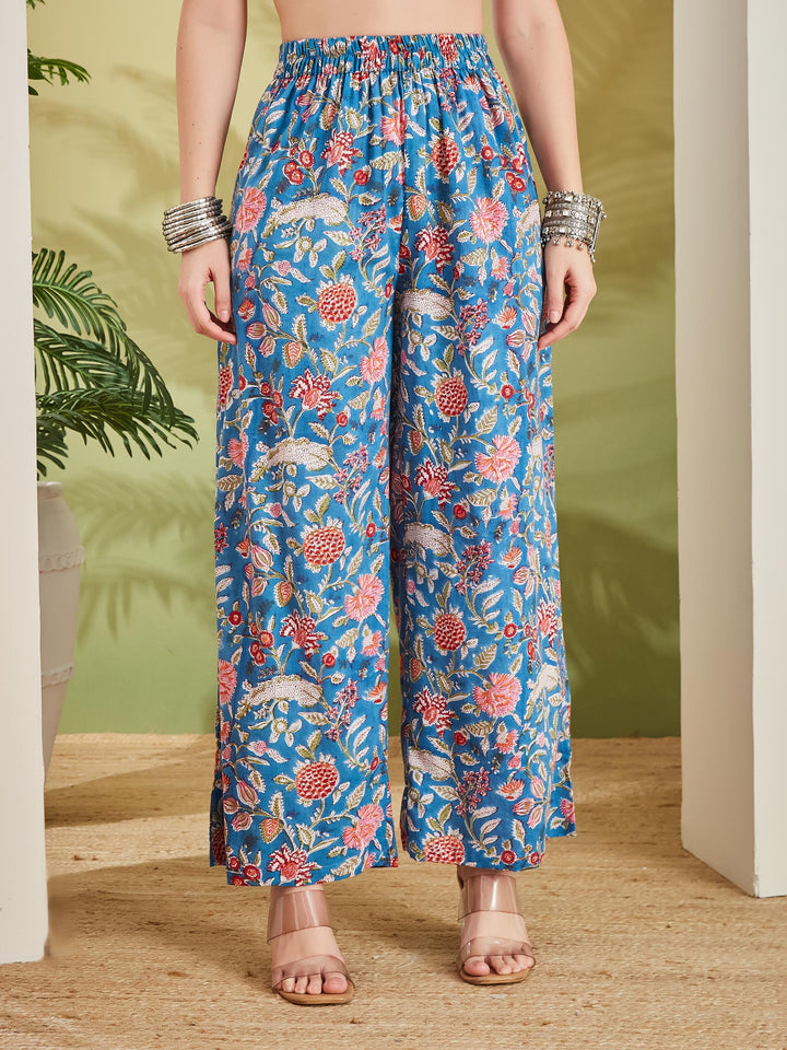 Divena Women Floral Printed Pure Cotton Sky Blue A-Line Kurta with Palazzos