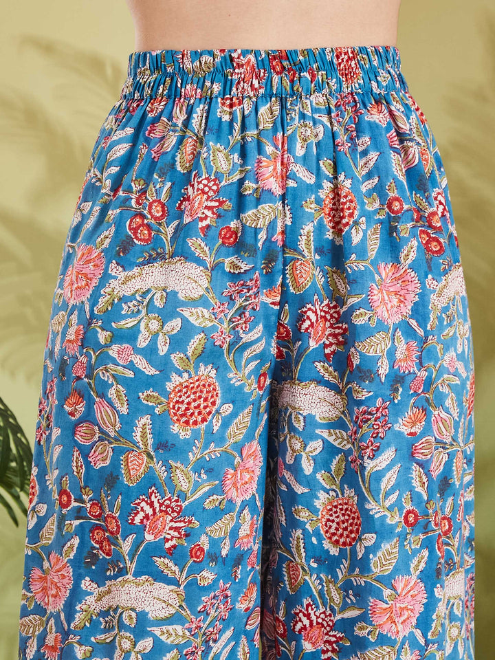 Divena Women Floral Printed Pure Cotton Sky Blue A-Line Kurta with Palazzos