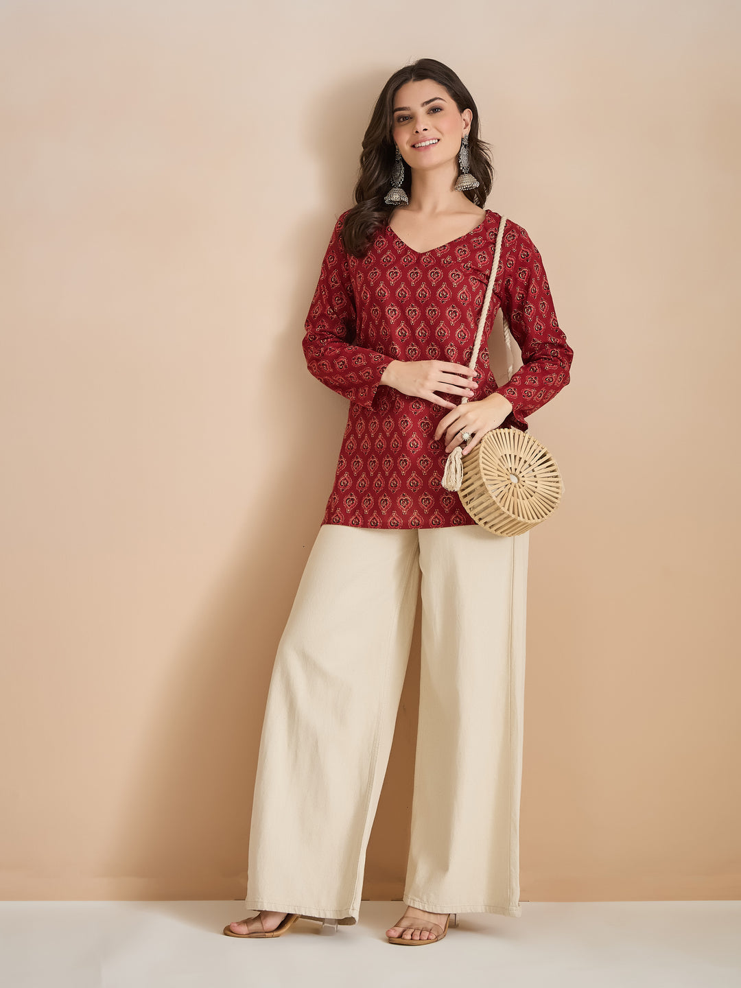 Divena Women Ethnic Motif Print Pure Cotton Maroon Top