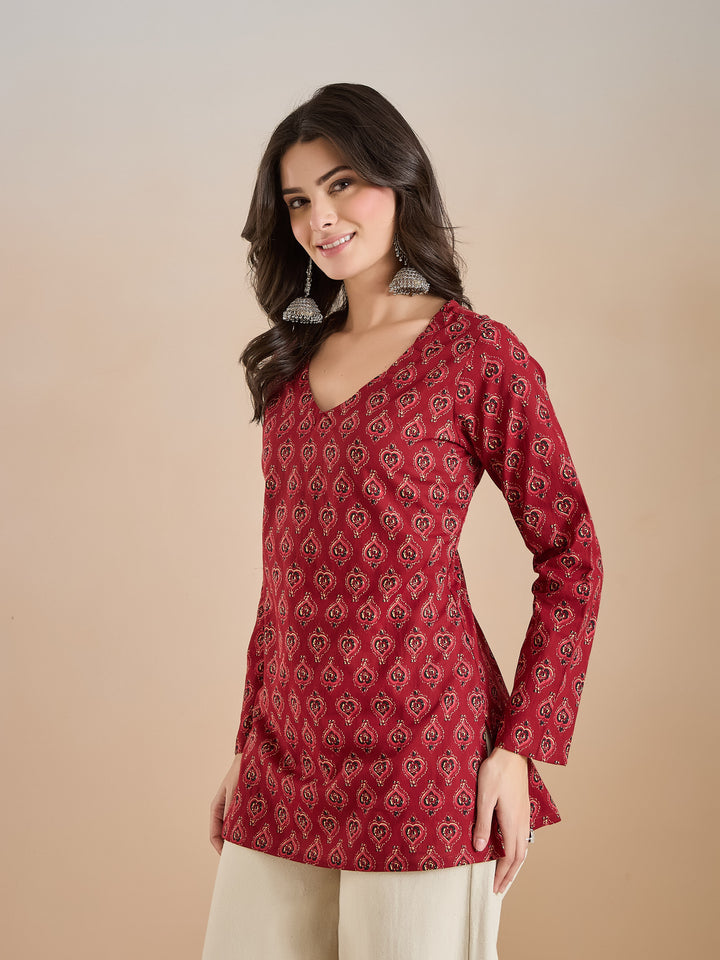 Divena Women Ethnic Motif Print Pure Cotton Maroon Top