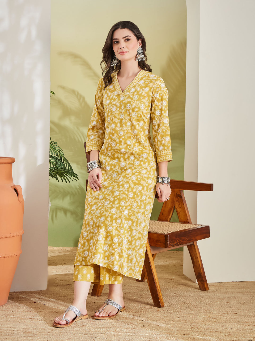 Divena Women Floral Printed Pure Cotton A-Line Yellow Kurta With Pants