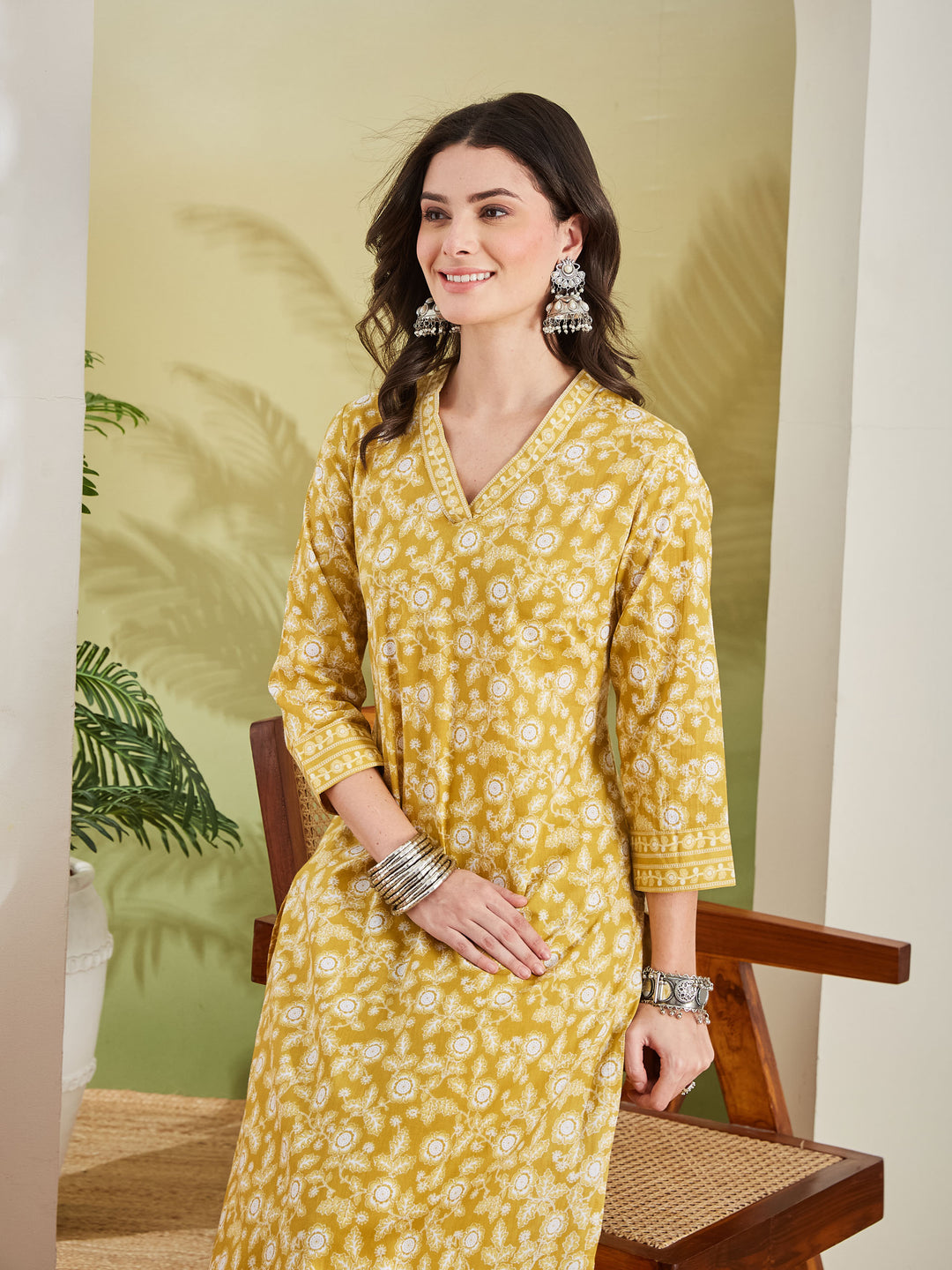 Divena Women Floral Printed Pure Cotton A-Line Yellow Kurta With Pants