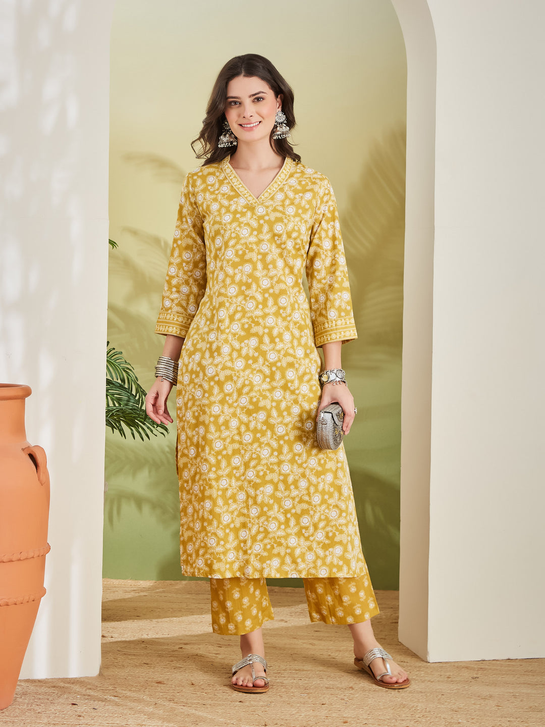 Divena Women Floral Printed Pure Cotton A-Line Yellow Kurta With Pants